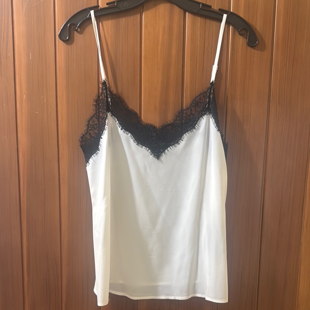 The Kooples Elegant White and Black Lace Trim Cami Top